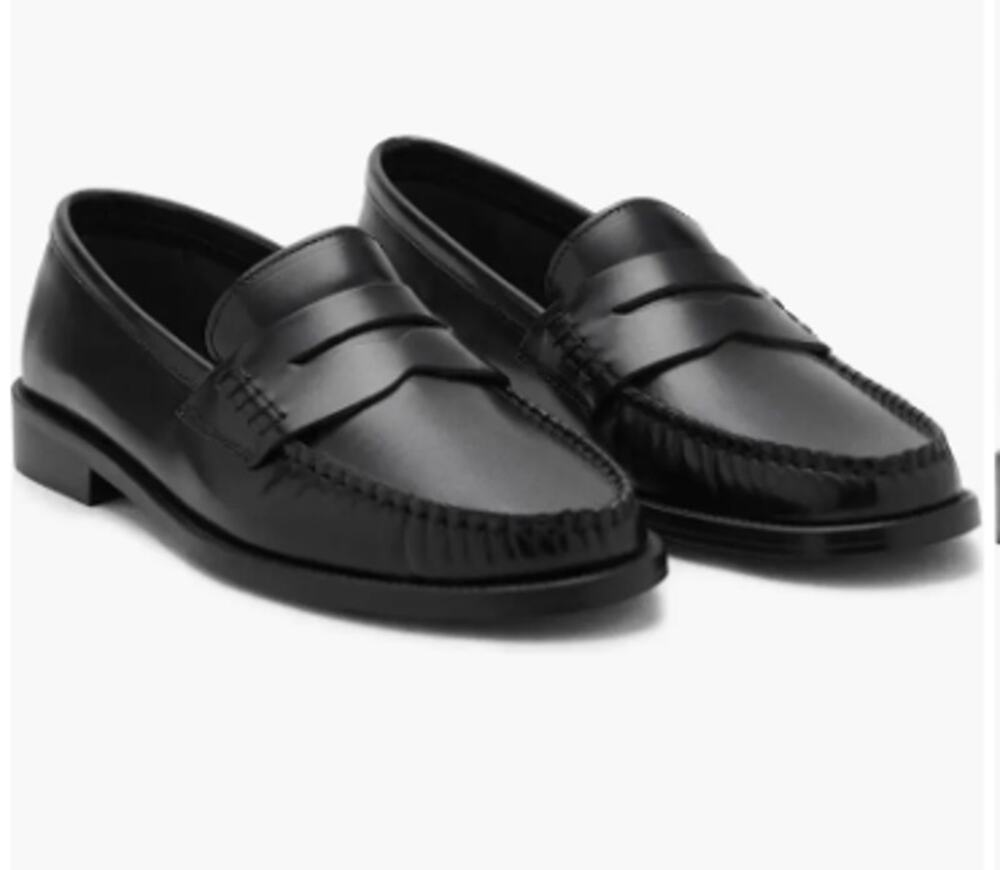 MNG Mango Luisa 100% Black Leather Preppy Penny Loafers Minimalist EU 39 US 8.5